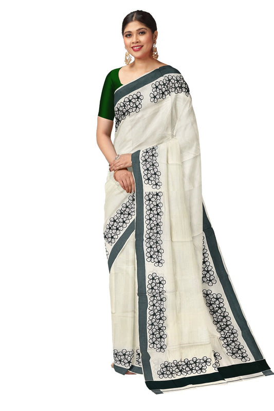 Pure Cotton Kerala Saree with Black Floral Block Prints and Dark Green Border