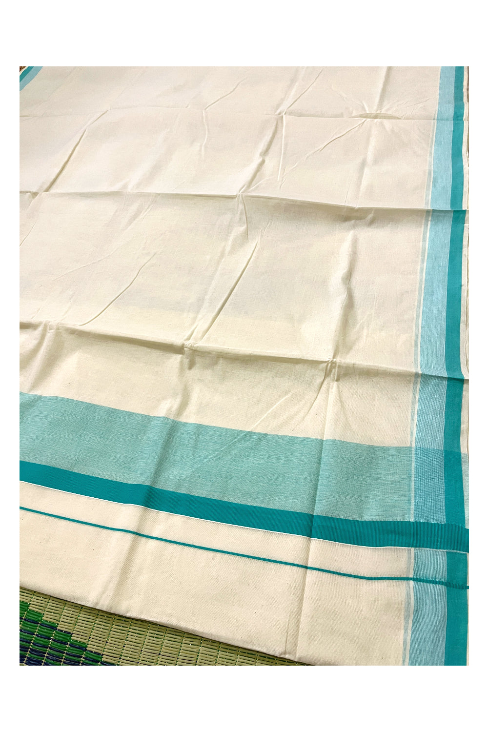 Pure Cotton Off White Kerala Saree with Turquoise Shaded Border