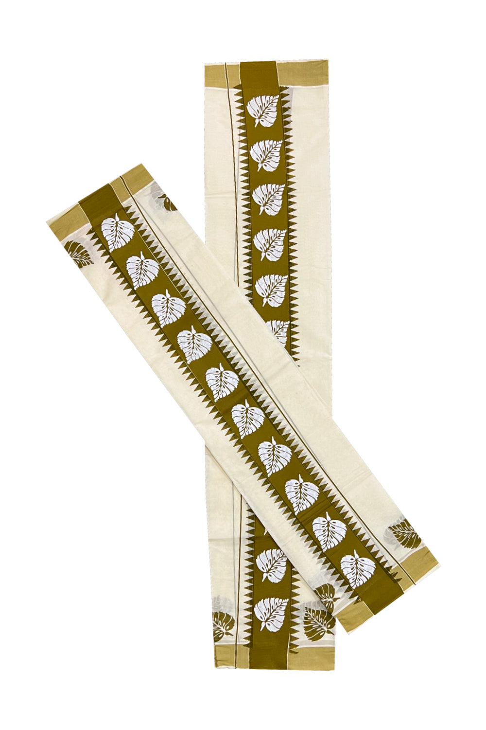 Pure Cotton Kerala Set Mundu (Mundum Neriyathum) with White Leaf Block Prints on Olive Green Temple Border