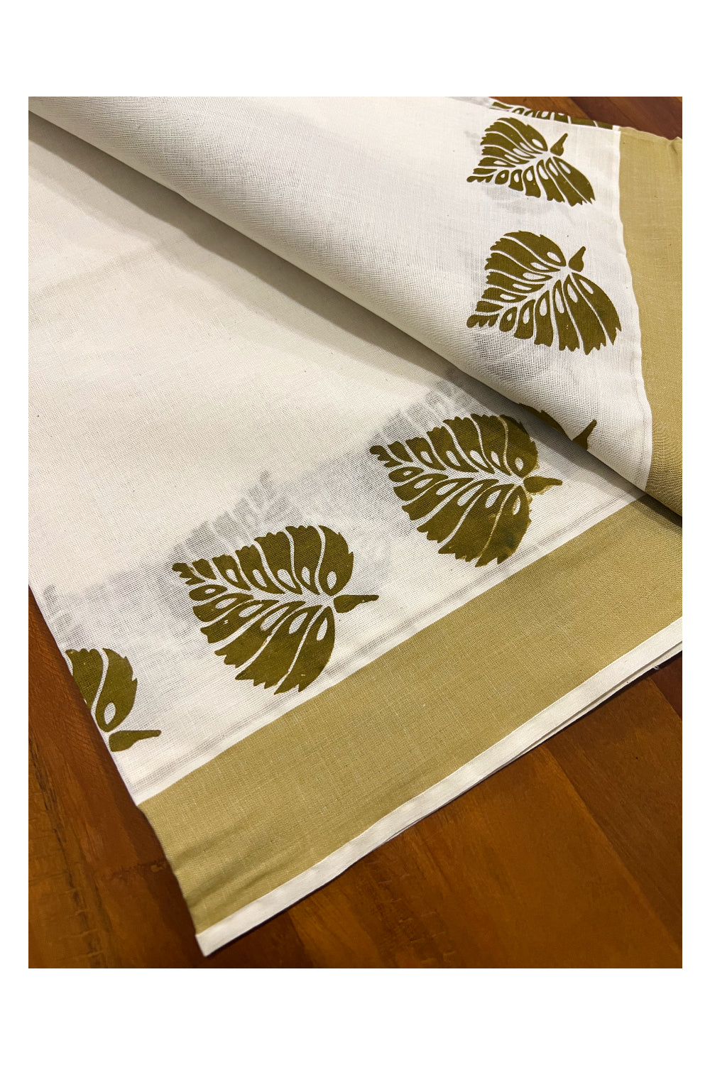 Pure Cotton Kerala Set Mundu (Mundum Neriyathum) with White Leaf Block Prints on Olive Green Temple Border