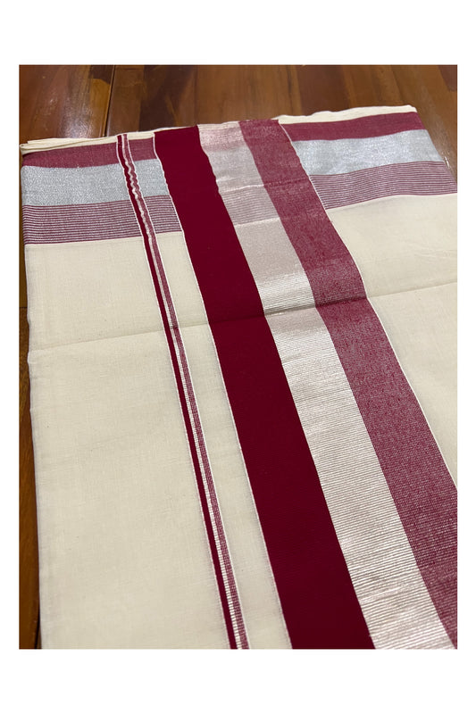 Kerala Pure Cotton Plain Saree with Silver Kasavu and Maroon Border