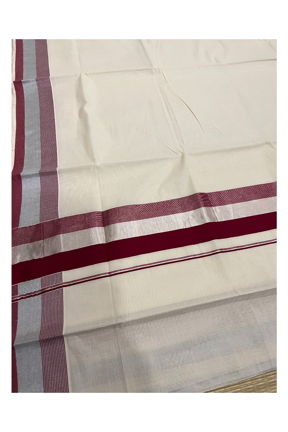 Kerala Pure Cotton Plain Saree with Silver Kasavu and Maroon Border