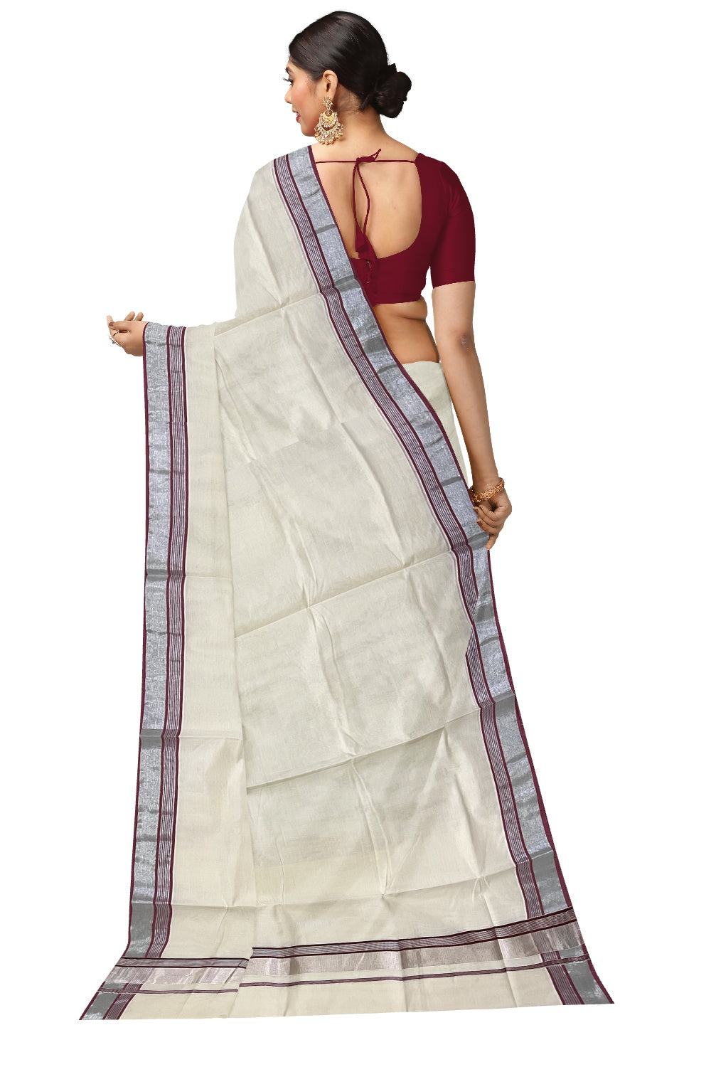 Kerala Pure Cotton Plain Saree with Silver Kasavu and Maroon Line Border