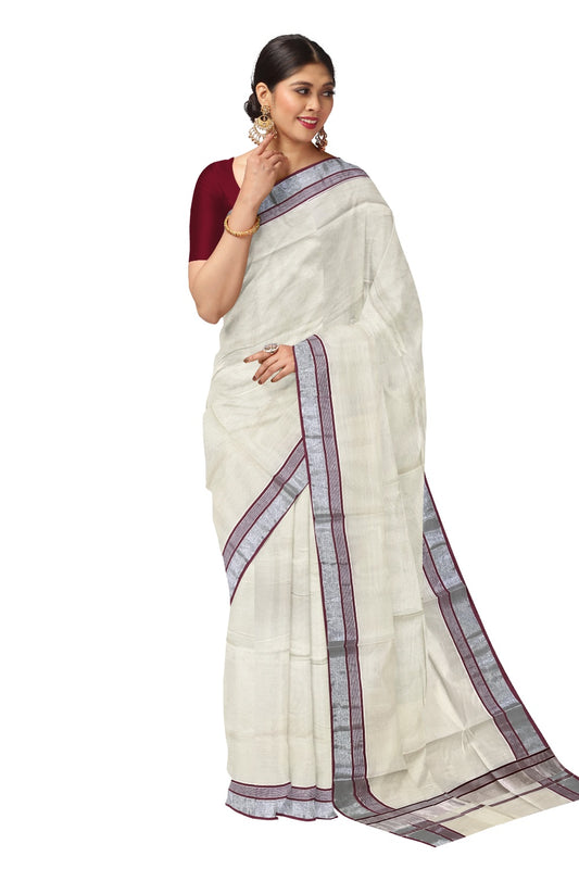 Kerala Pure Cotton Plain Saree with Silver Kasavu and Maroon Line Border