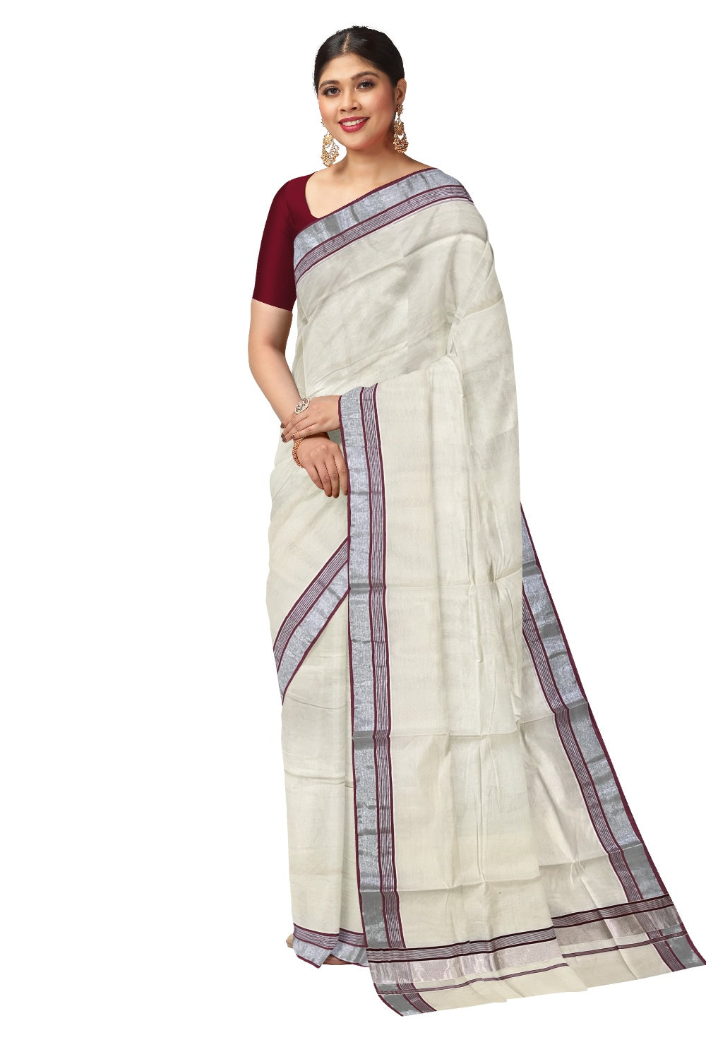 Kerala Pure Cotton Plain Saree with Silver Kasavu and Maroon Line Border
