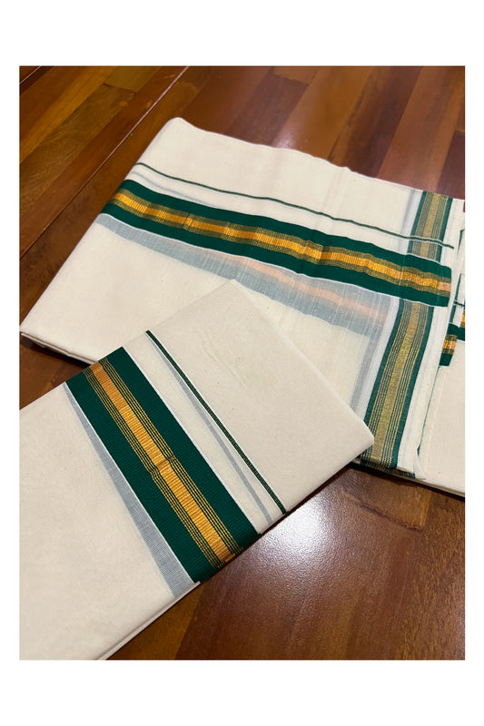 Pure Cotton Kerala Single Set Mundu (Mundum Neriyathum) with Green and Kasavu Border