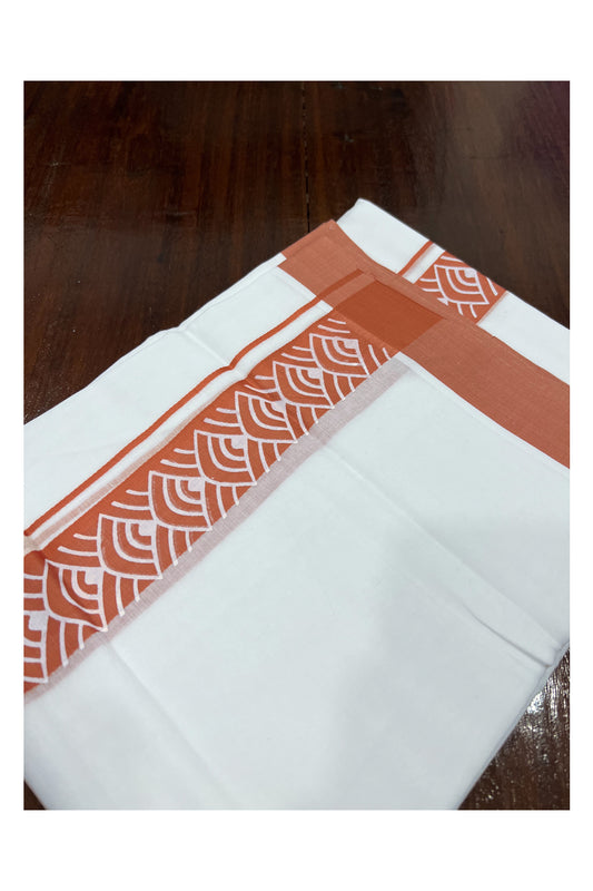 Pure White Cotton Double Mundu with Orange Block Printed Border (South Indian Kerala Dhoti)