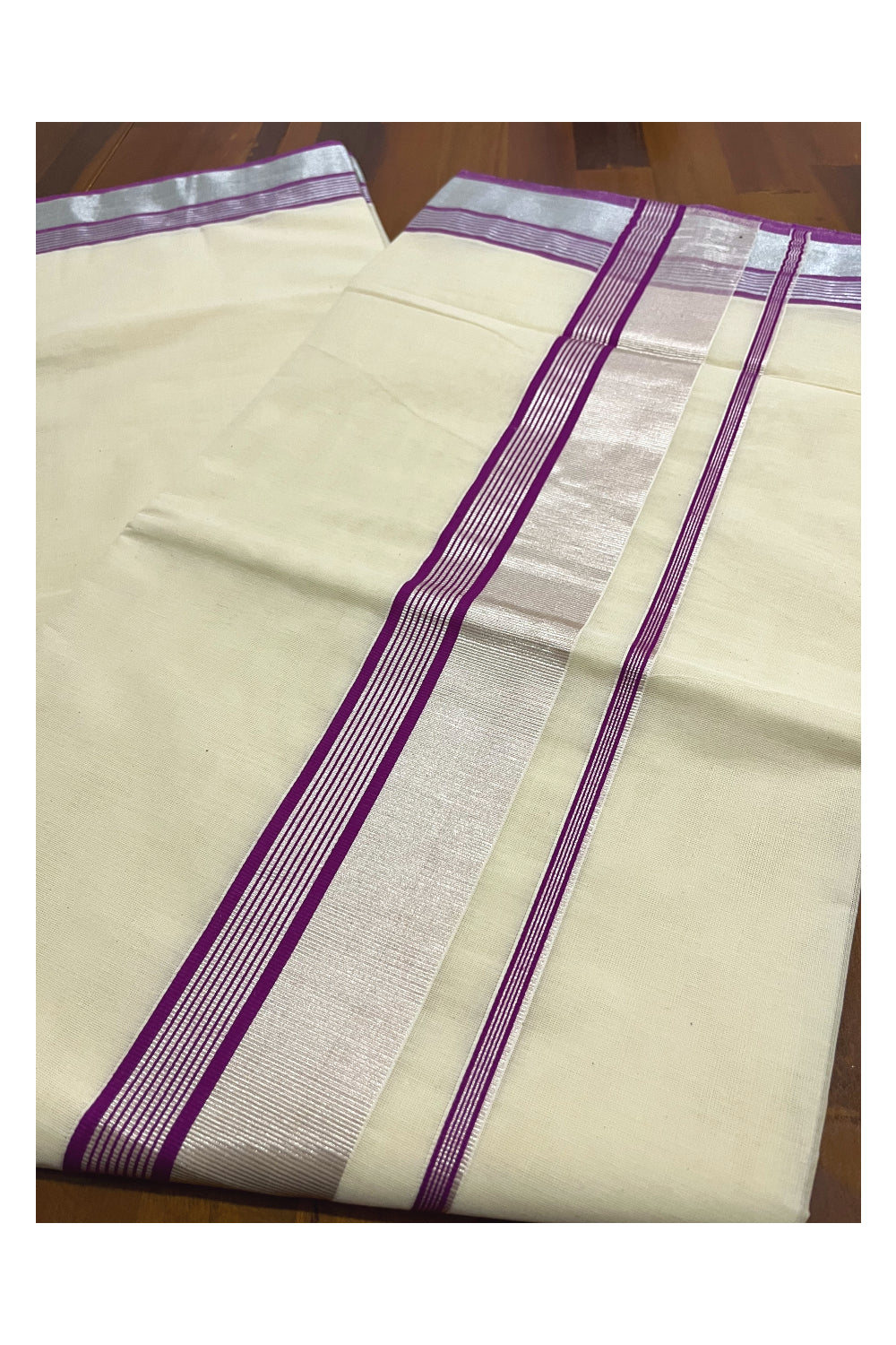 Kerala Pure Cotton Plain Saree with Silver Kasavu and Purple Line Border
