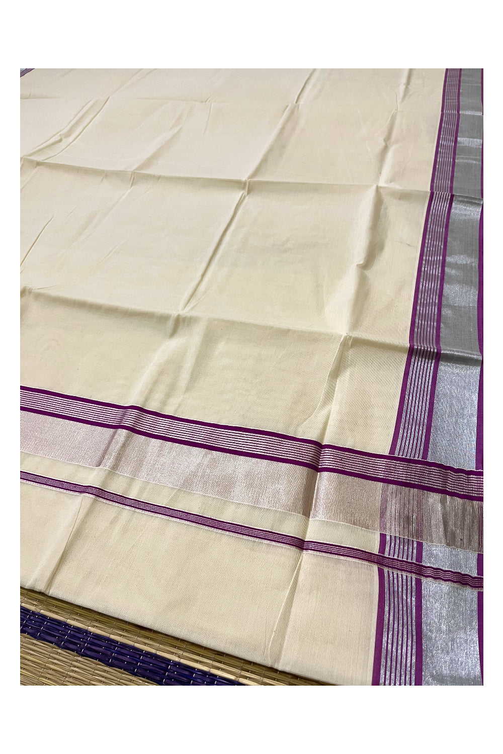 Kerala Pure Cotton Plain Saree with Silver Kasavu and Purple Line Border