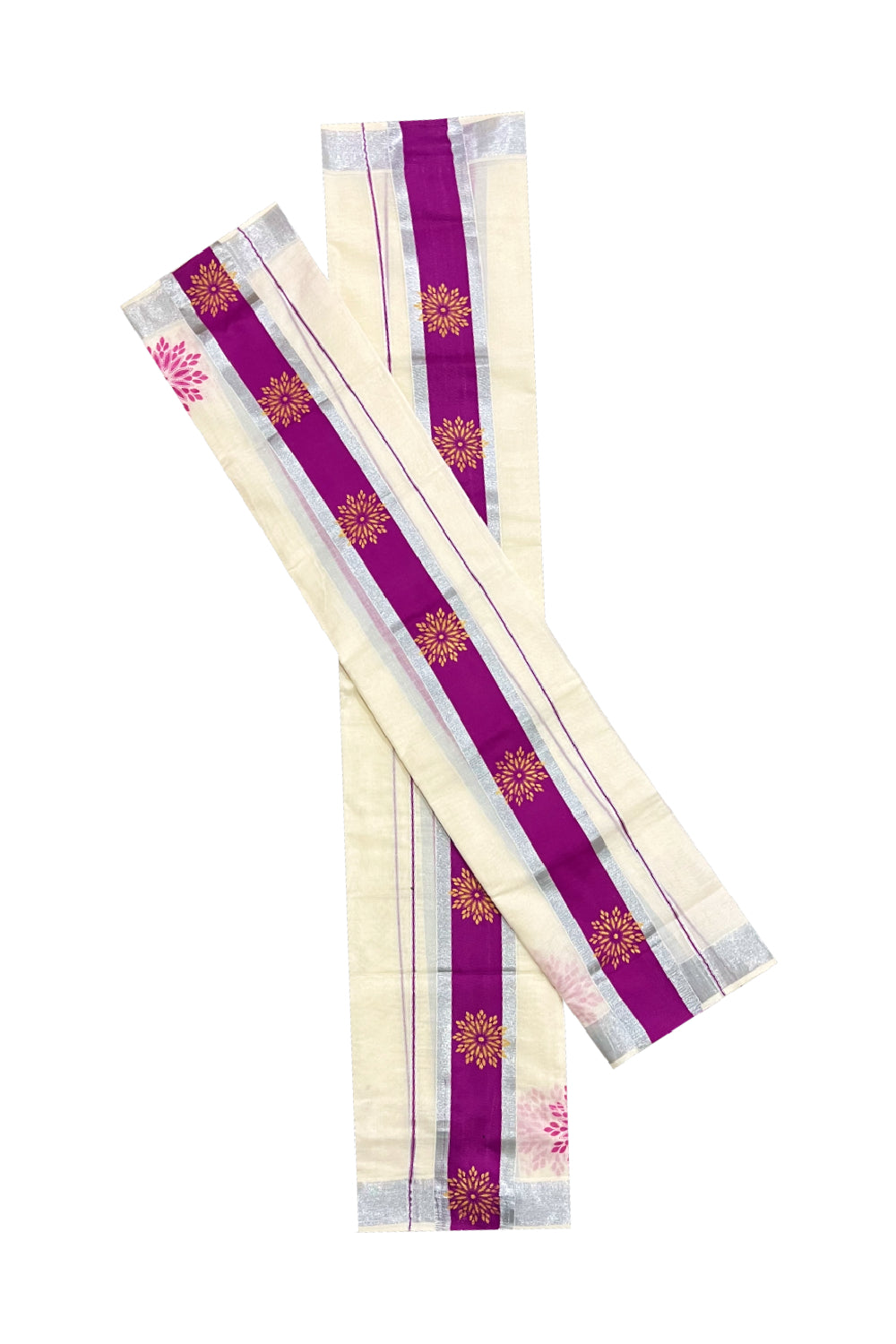 Pure Cotton Kerala Silver Kasavu Set Mundu (Mundum Neriyathum) with Floral Block Prints on Magenta Border