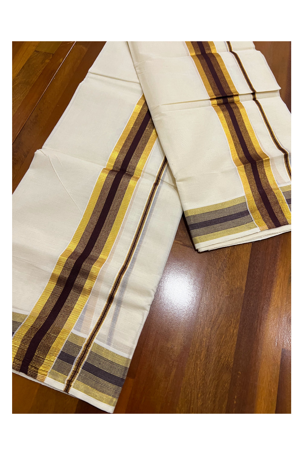 Kerala Cotton Mundum Neriyathum Single (Set Mundu) with Brown and Kasavu Border 2.80 Mtrs
