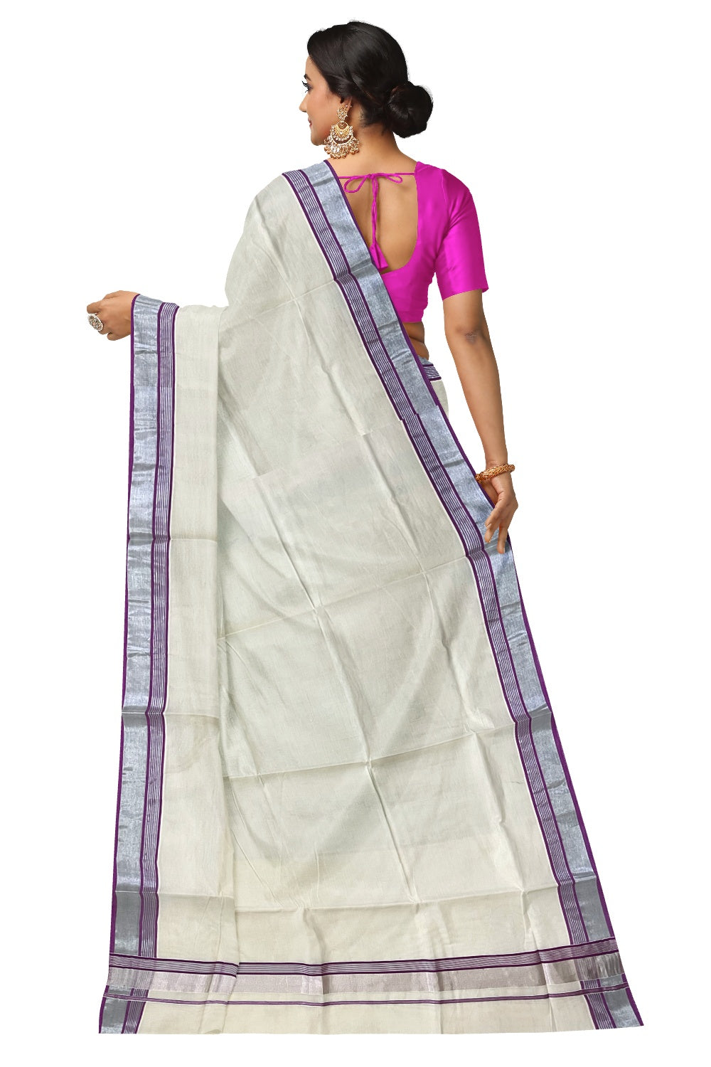 Kerala Pure Cotton Plain Saree with Silver Kasavu and Purple Line Border