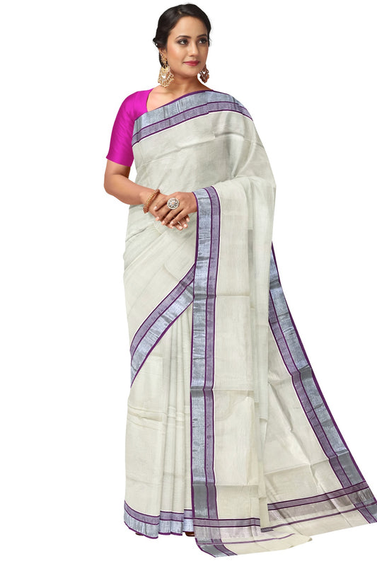 Kerala Pure Cotton Plain Saree with Silver Kasavu and Purple Line Border