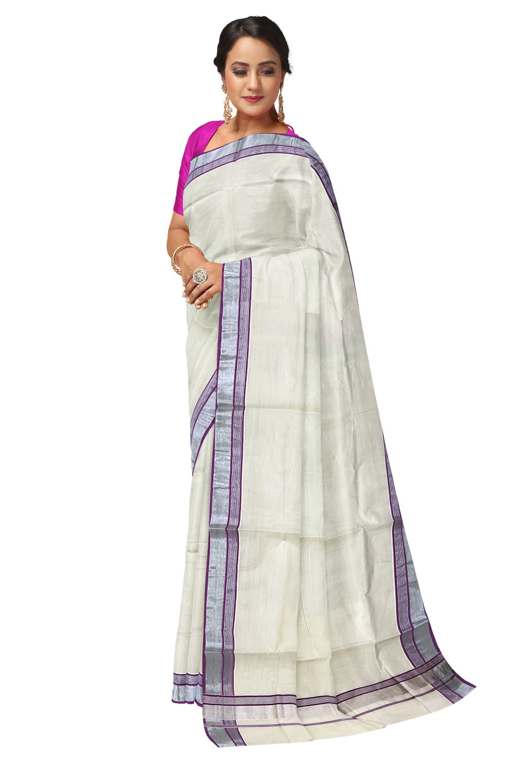 Kerala Pure Cotton Plain Saree with Silver Kasavu and Purple Line Border