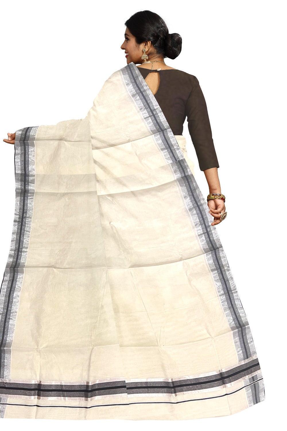 Pure Cotton Kerala Saree with Silver Kasavu and Black Border