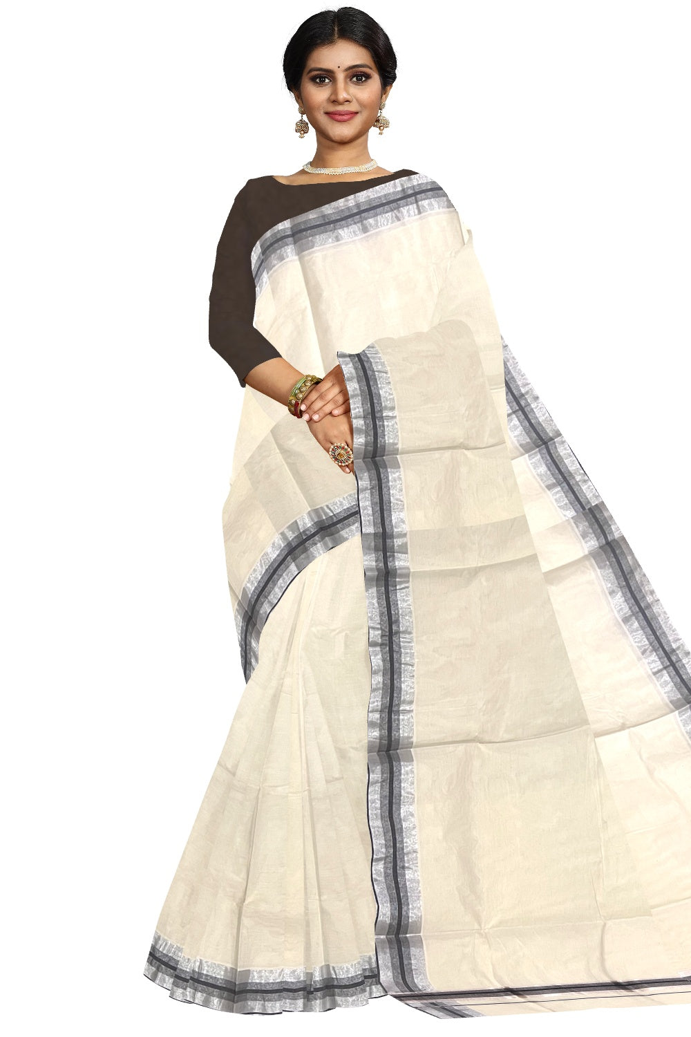 Pure Cotton Kerala Saree with Silver Kasavu and Black Border