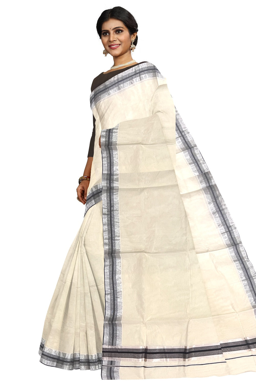 Pure Cotton Kerala Saree with Silver Kasavu and Black Border