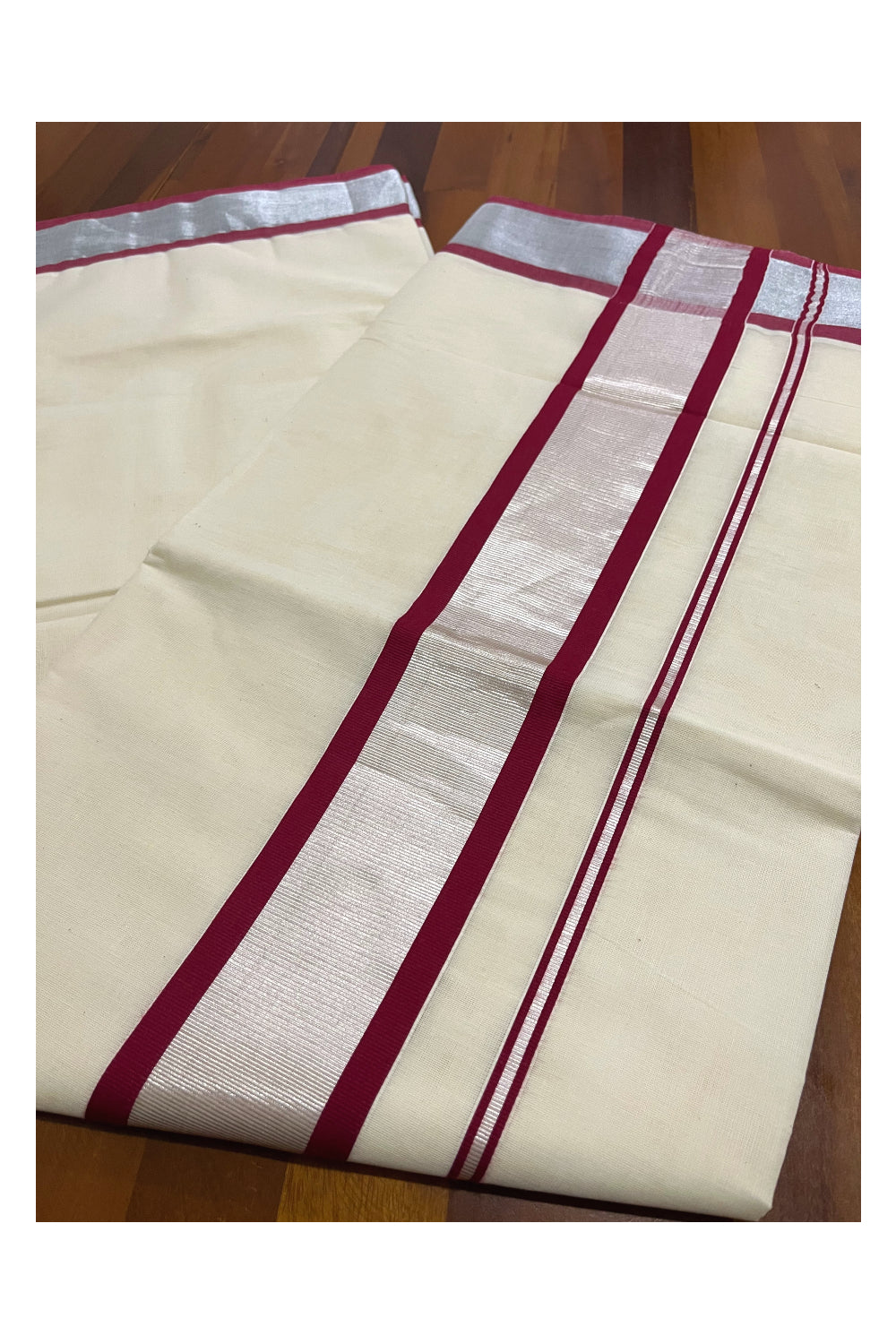Kerala Pure Cotton Plain Saree with Silver Kasavu and Maroon Border