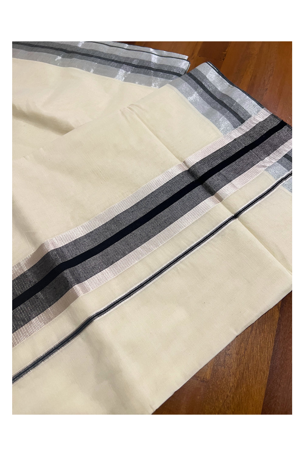 Pure Cotton Kerala Saree with Silver Kasavu and Black Border