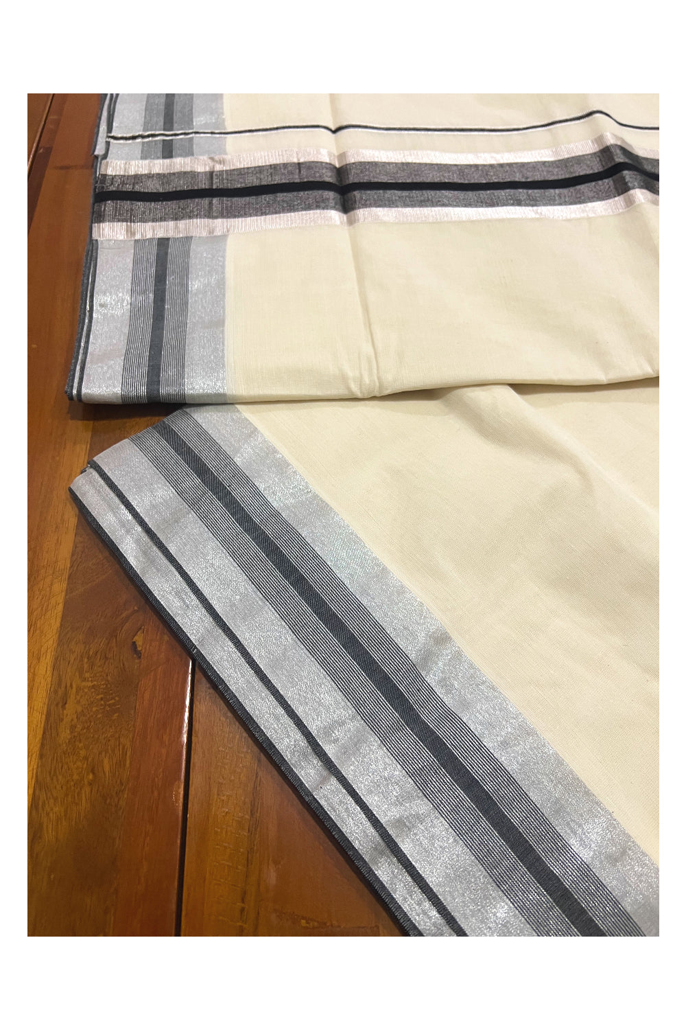 Pure Cotton Kerala Saree with Silver Kasavu and Black Border