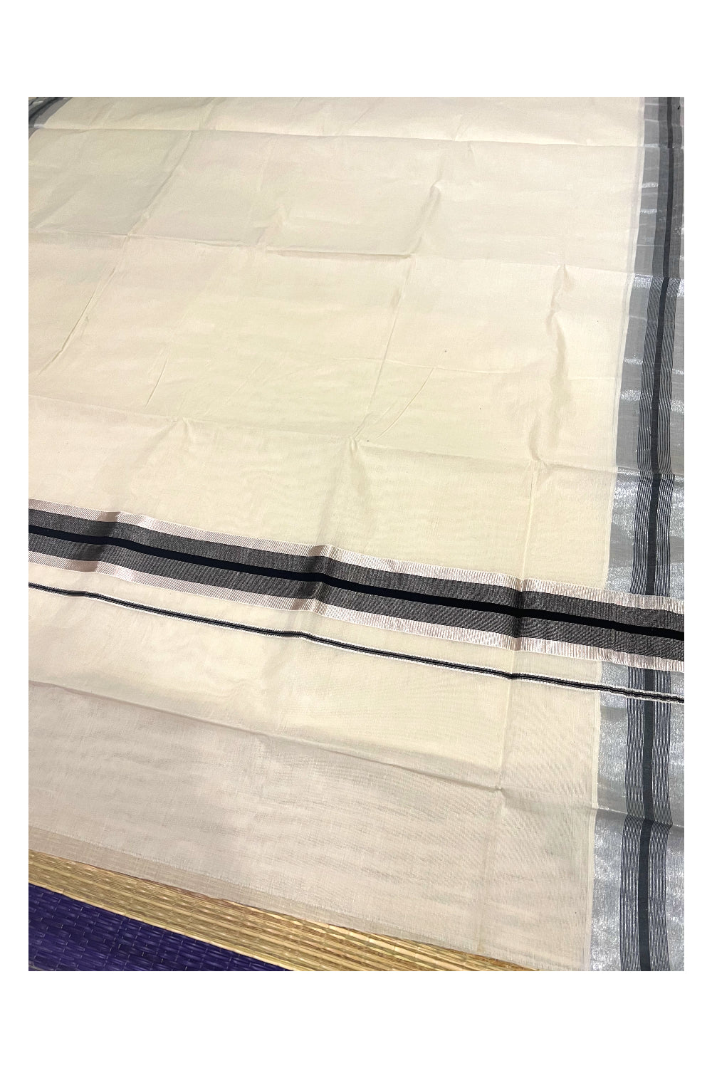 Pure Cotton Kerala Saree with Silver Kasavu and Black Border
