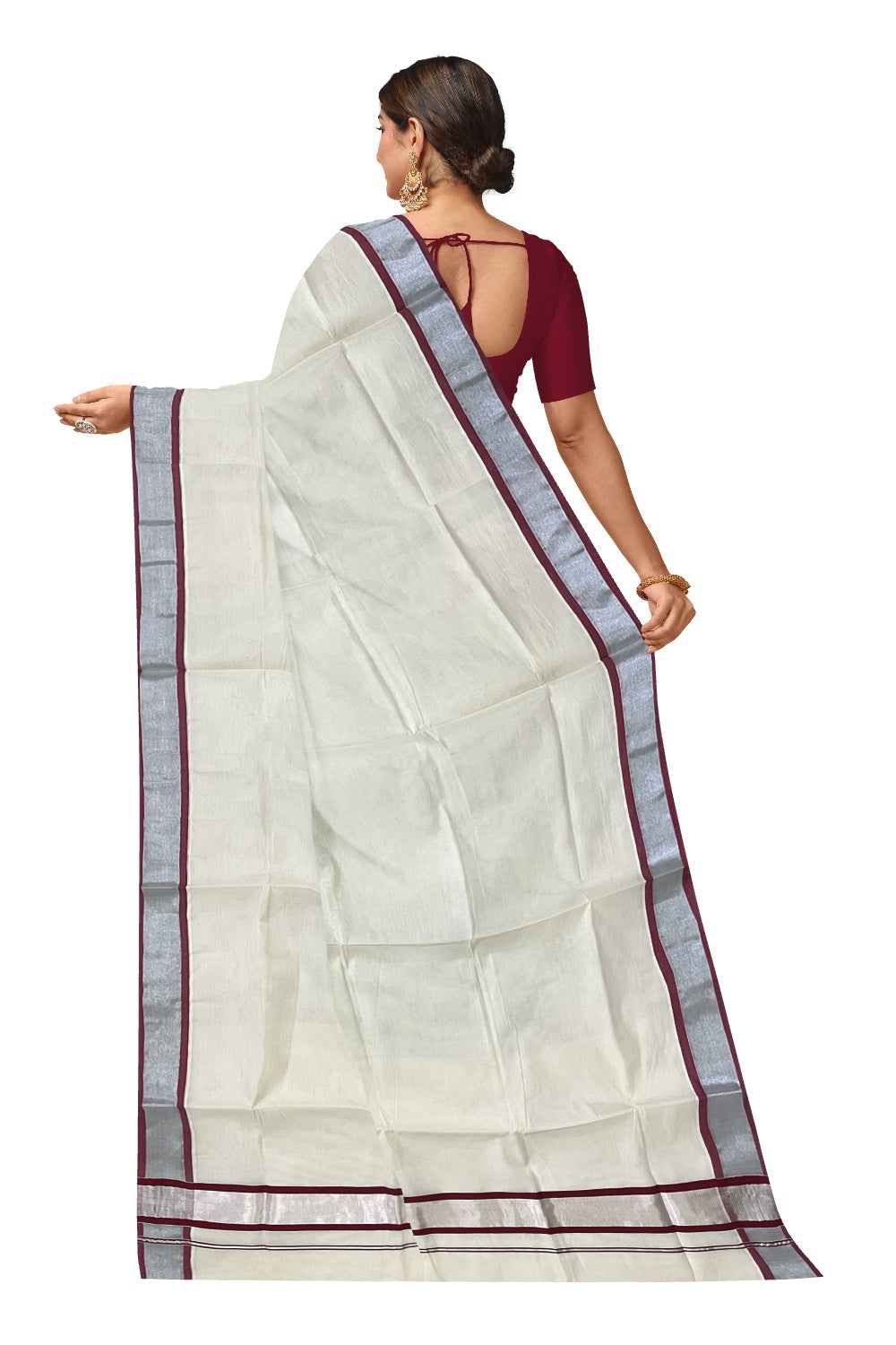 Kerala Pure Cotton Plain Saree with Silver Kasavu and Maroon Border