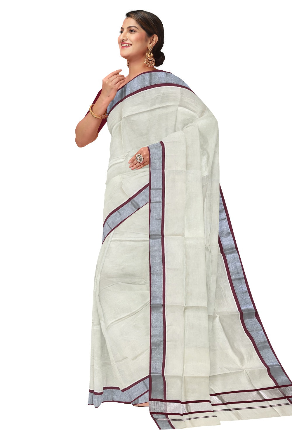 Kerala Pure Cotton Plain Saree with Silver Kasavu and Maroon Border
