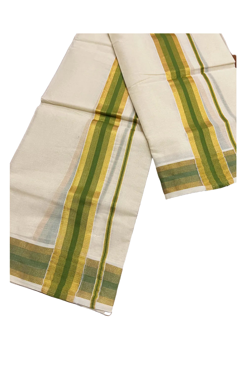 Southloom Kerala Cotton Mundum Neriyathum Single (Set Mundu) with Olive Green and Kasavu Border 2.80 Mtrs SLKK