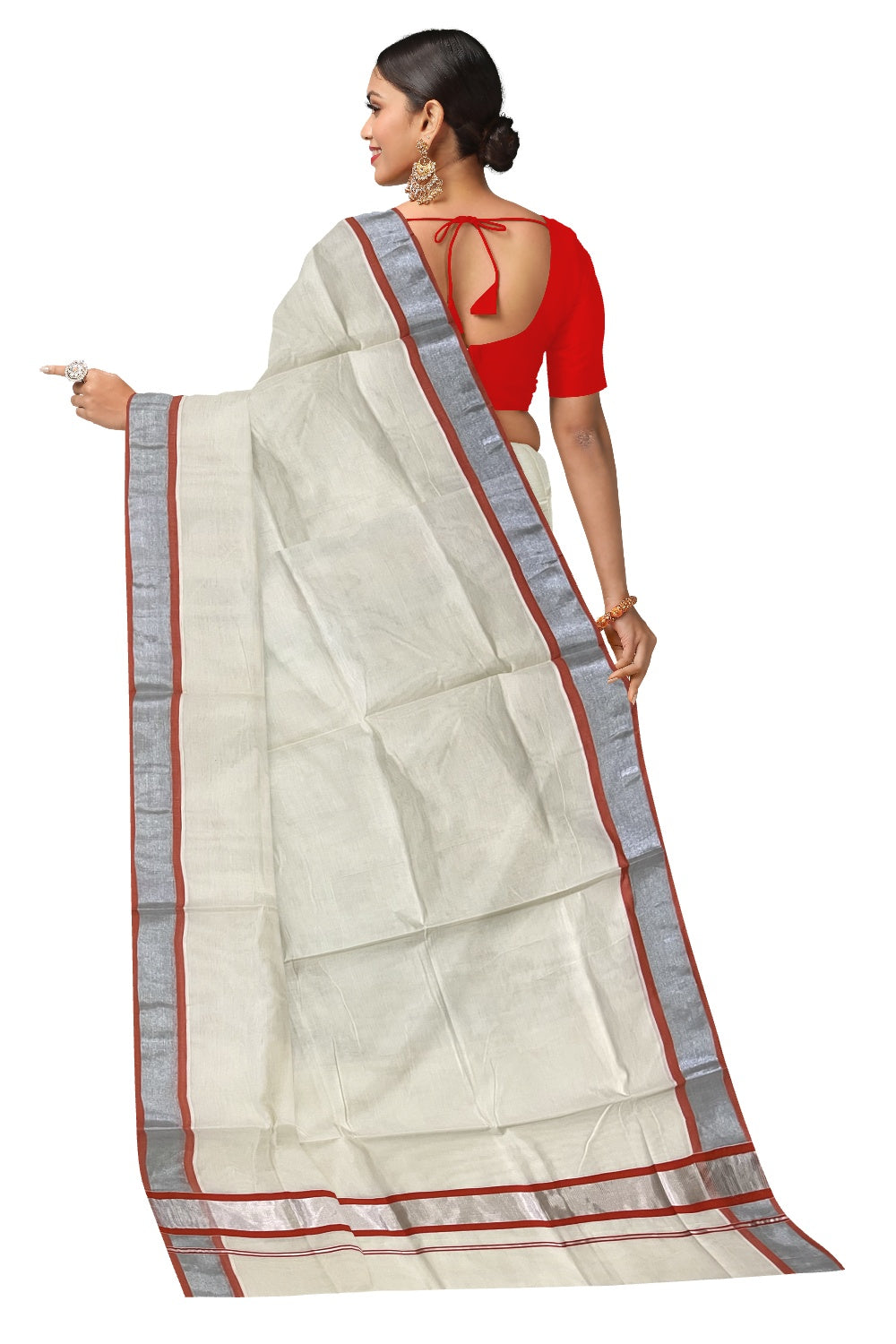 Kerala Pure Cotton Plain Saree with Silver Kasavu and Orange Border