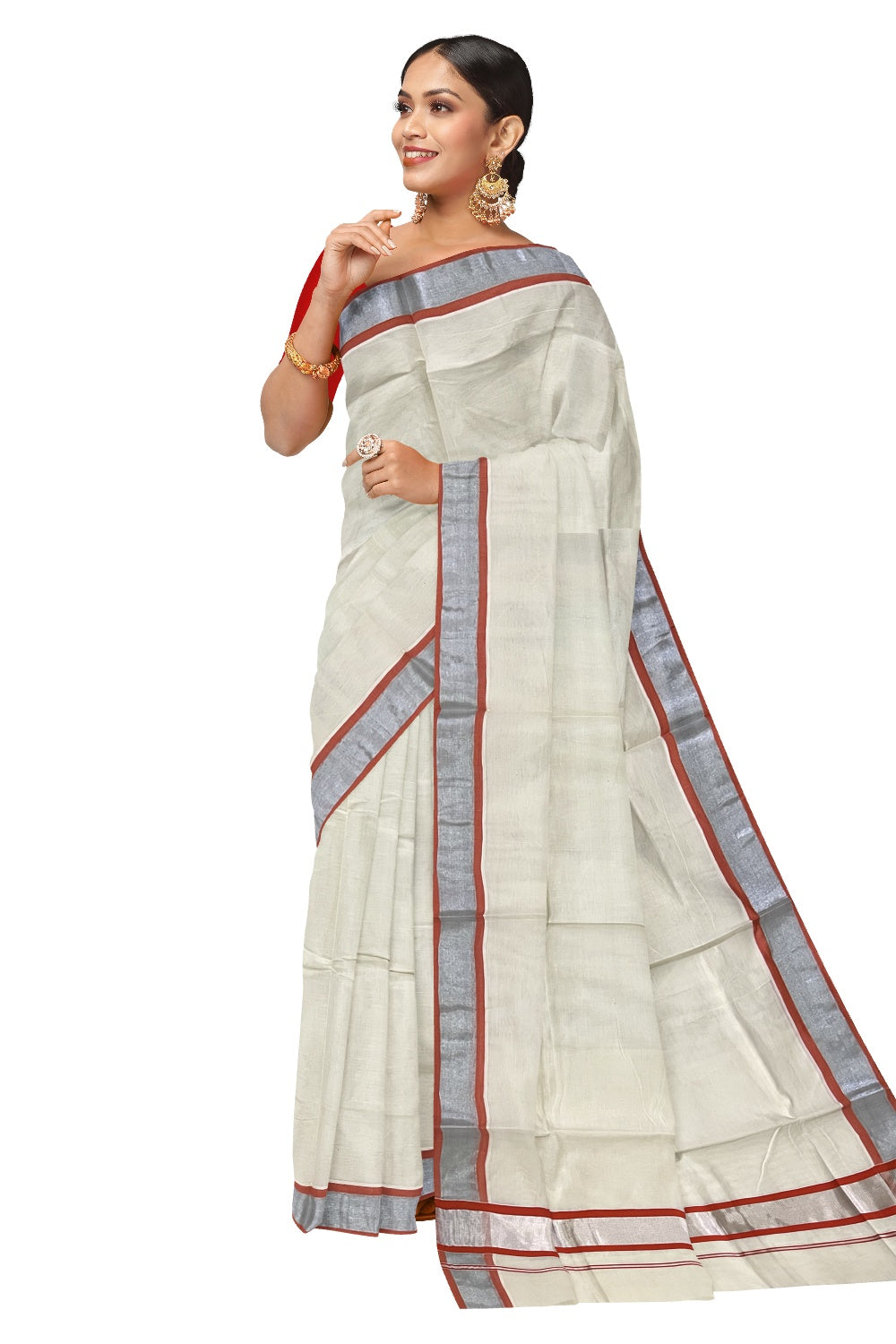 Kerala Pure Cotton Plain Saree with Silver Kasavu and Orange Border