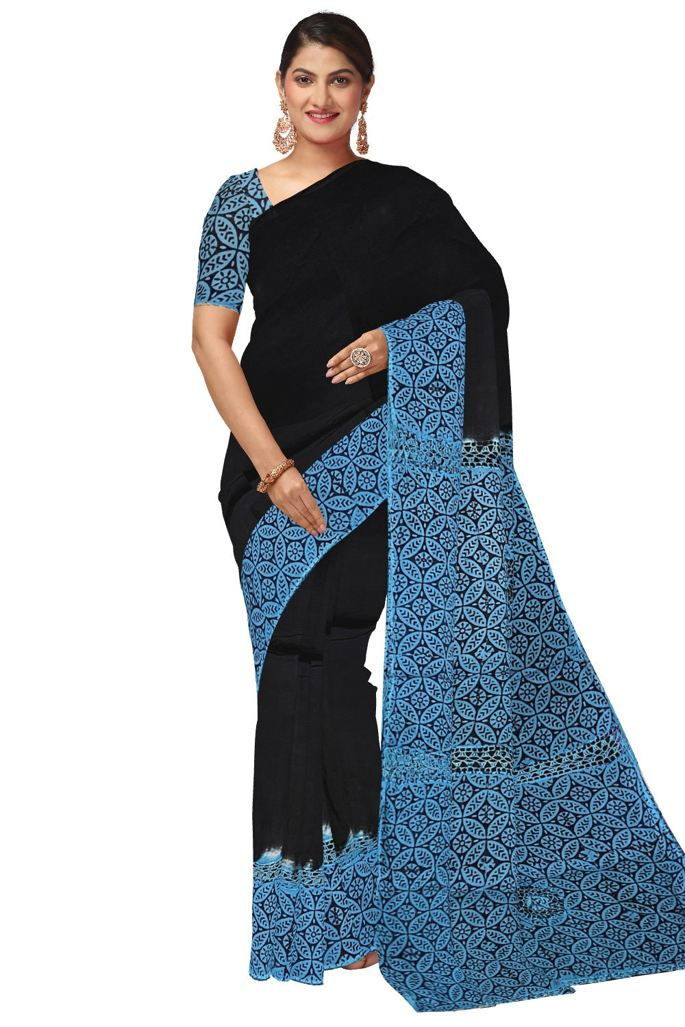 Southloom Pure Cotton Black Saree with Designer Blue Crochet works