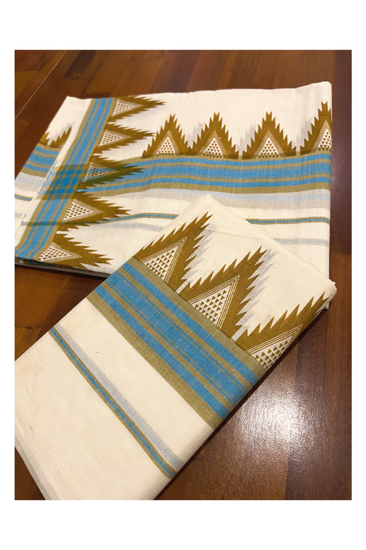 Kerala Cotton Mulloth Mundum Neriyathum Single (Set Mundu) with Brown Temple Block Prints Blue Border (Extra Soft Cotton)