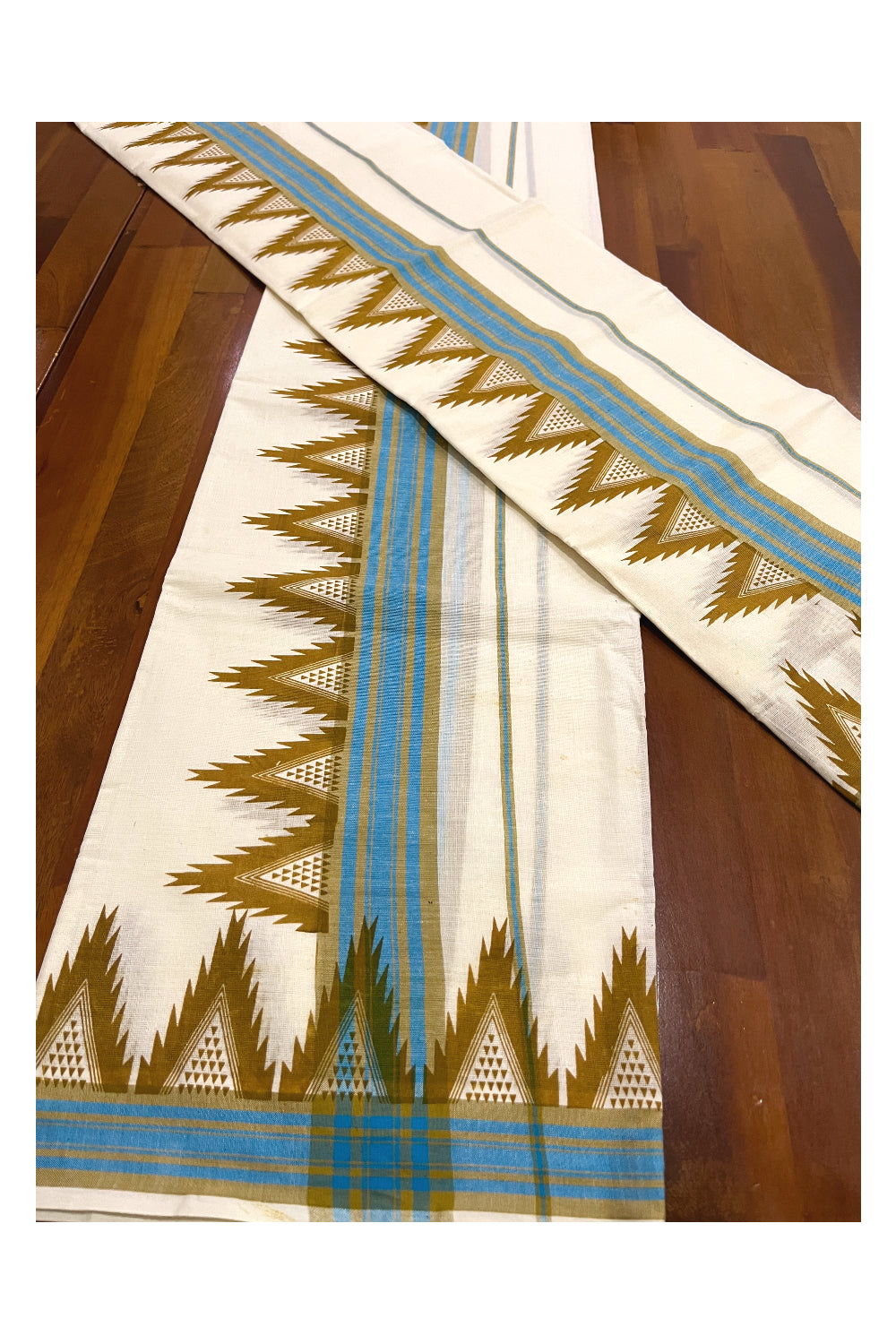 Kerala Cotton Mulloth Mundum Neriyathum Single (Set Mundu) with Brown Temple Block Prints Blue Border (Extra Soft Cotton)