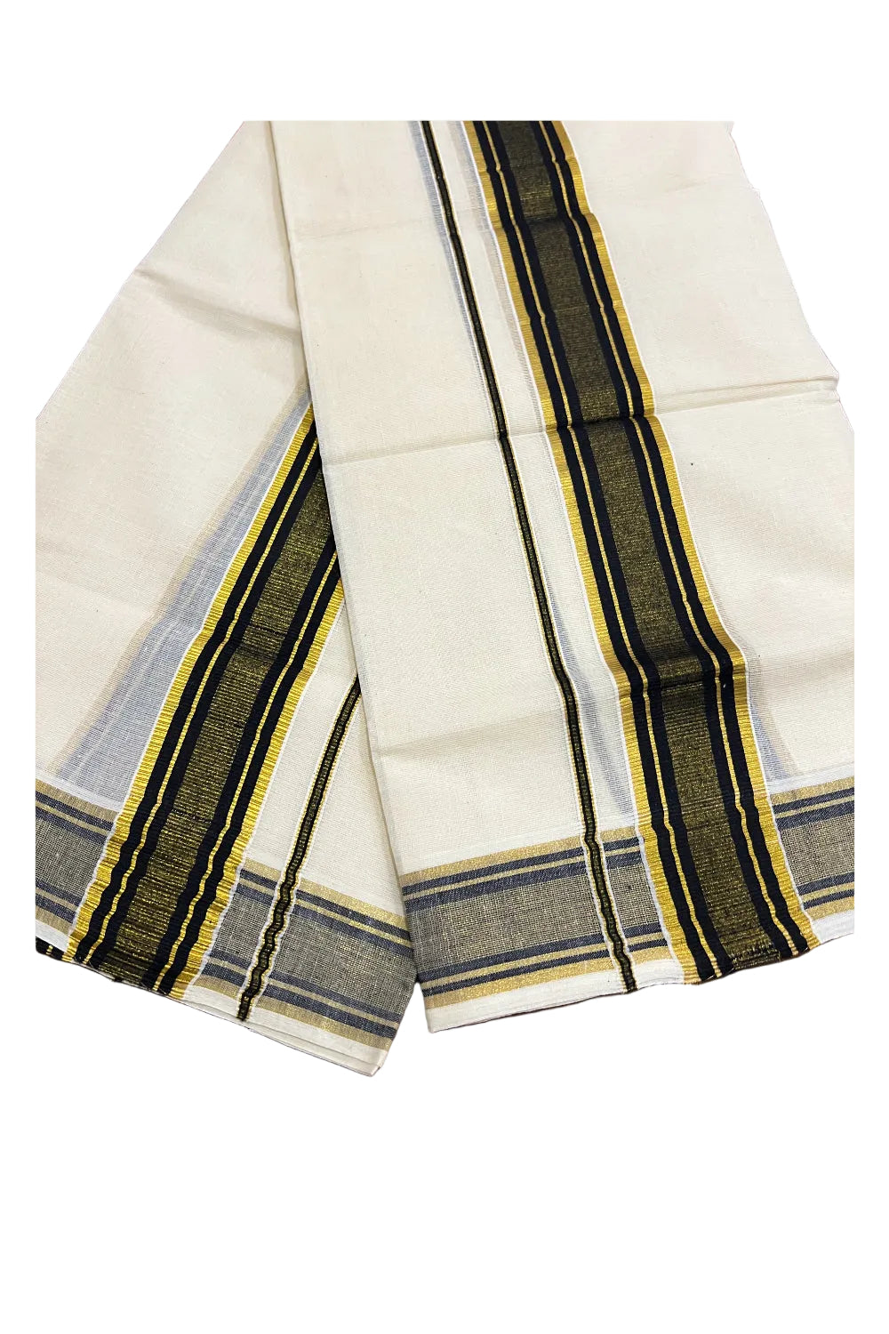 Pure Cotton Kerala Single Set Mundu (Mundum Neriyathum) with Black and Kasavu Border 2.80 Mtrs SLKK