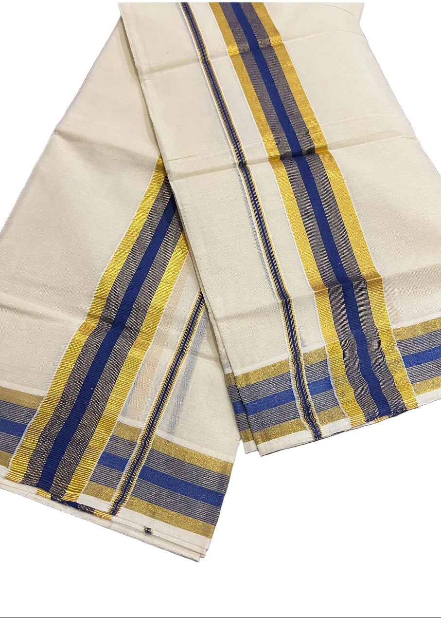 Southloom Kerala Cotton Mundum Neriyathum Single (Set Mundu) with Blue and Kasavu Border 2.80 Mtrs SLKK