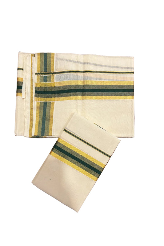 Southloom Kerala Cotton Mundum Neriyathum Single (Set Mundu) with Dark Green and Kasavu Border 2.80 Mtrs SLKK