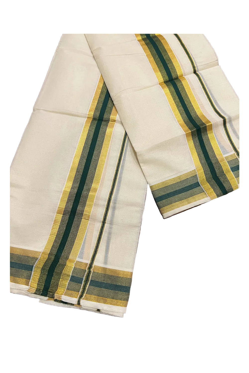Southloom Kerala Cotton Mundum Neriyathum Single (Set Mundu) with Dark Green and Kasavu Border 2.80 Mtrs SLKK