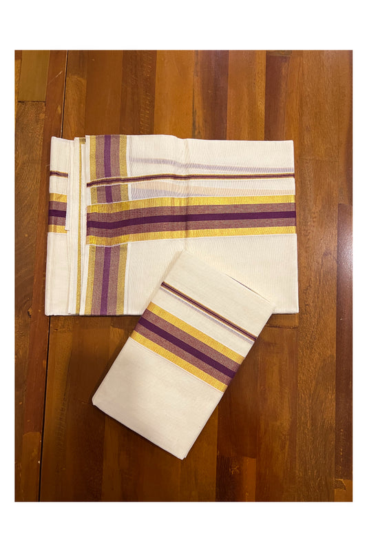 Southloom Kerala Cotton Mundum Neriyathum Single (Set Mundu) with Purple and Kasavu Border 2.80 Mtrs SLKK