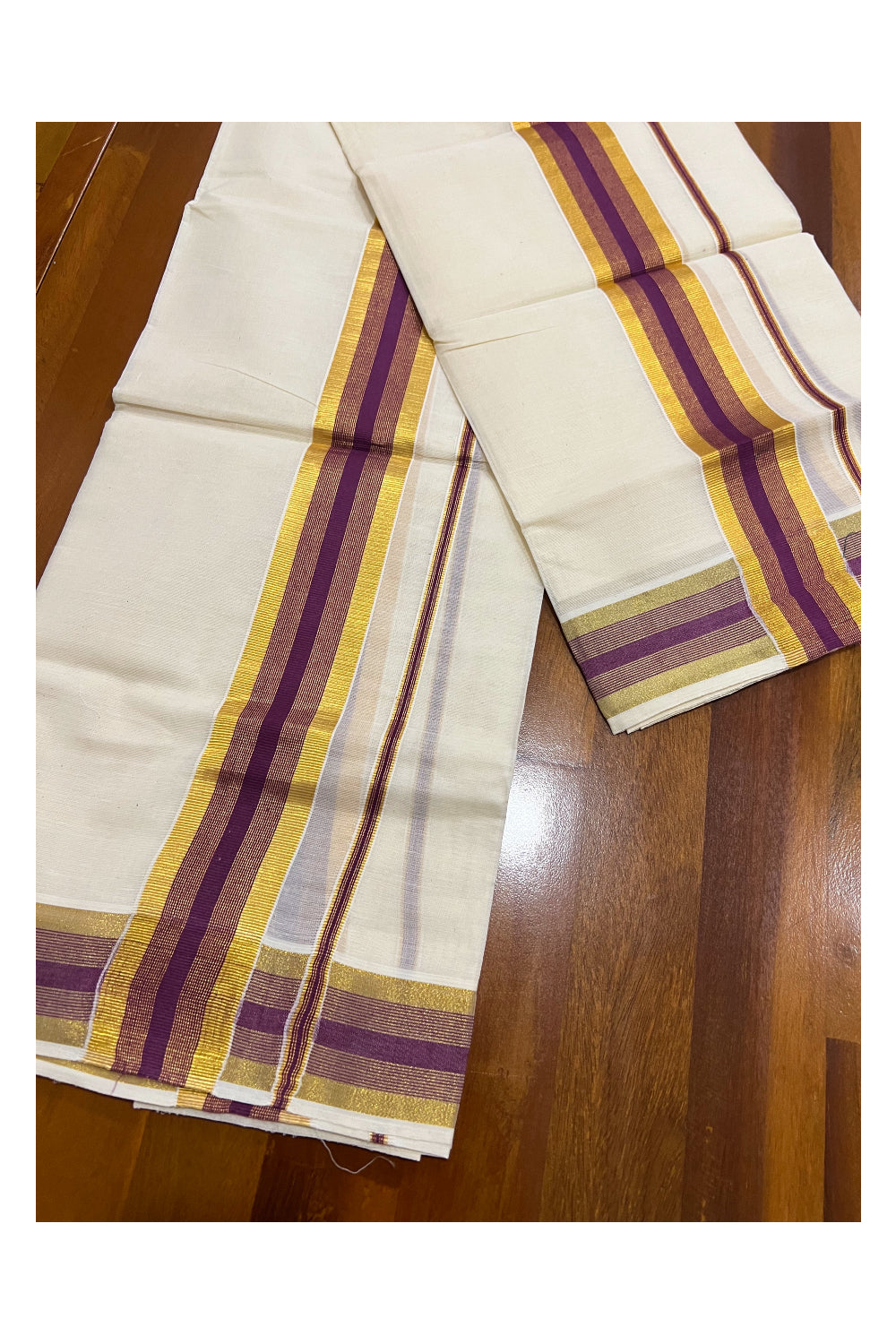 Kerala Cotton Mundum Neriyathum Single (Set Mundu) with Purple and Kasavu Border 2.80 Mtrs