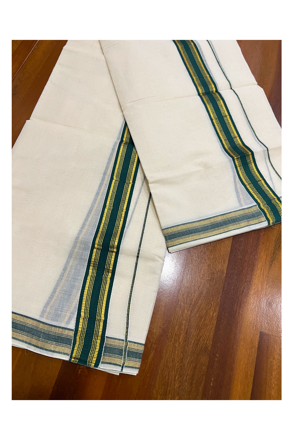 Pure Cotton Kerala Single Set Mundu (Mundum Neriyathum) with Dark Green and Kasavu Border 2.80 Mtrs SLKK SL470