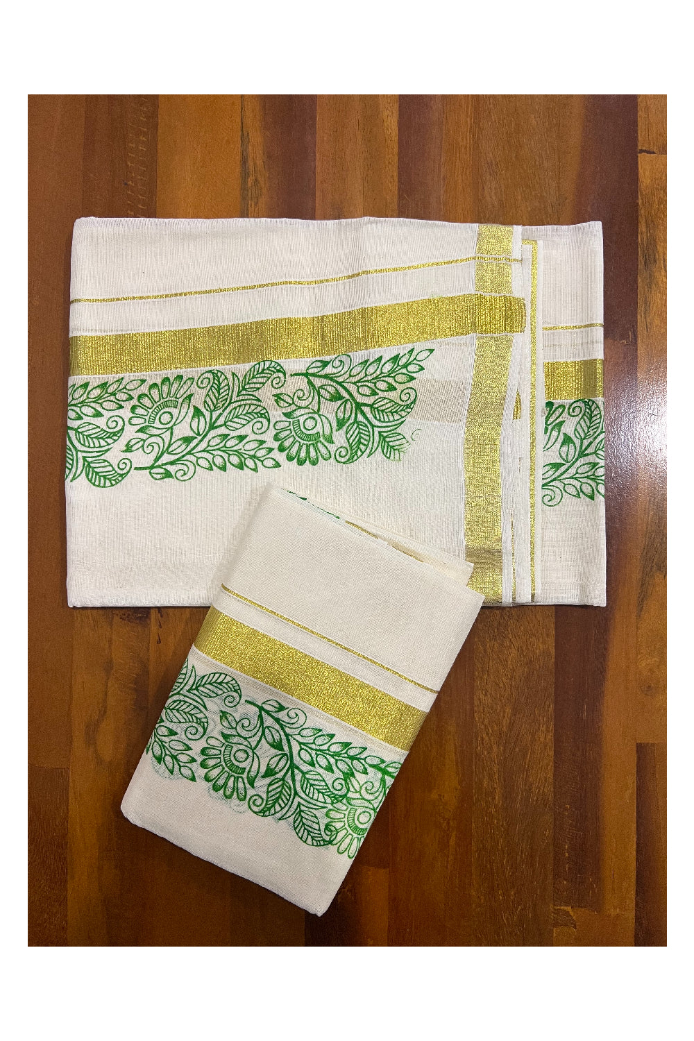 Kerala Cotton Kasavu Set Mundu (Mundum Neriyathum) with Light Green Fl