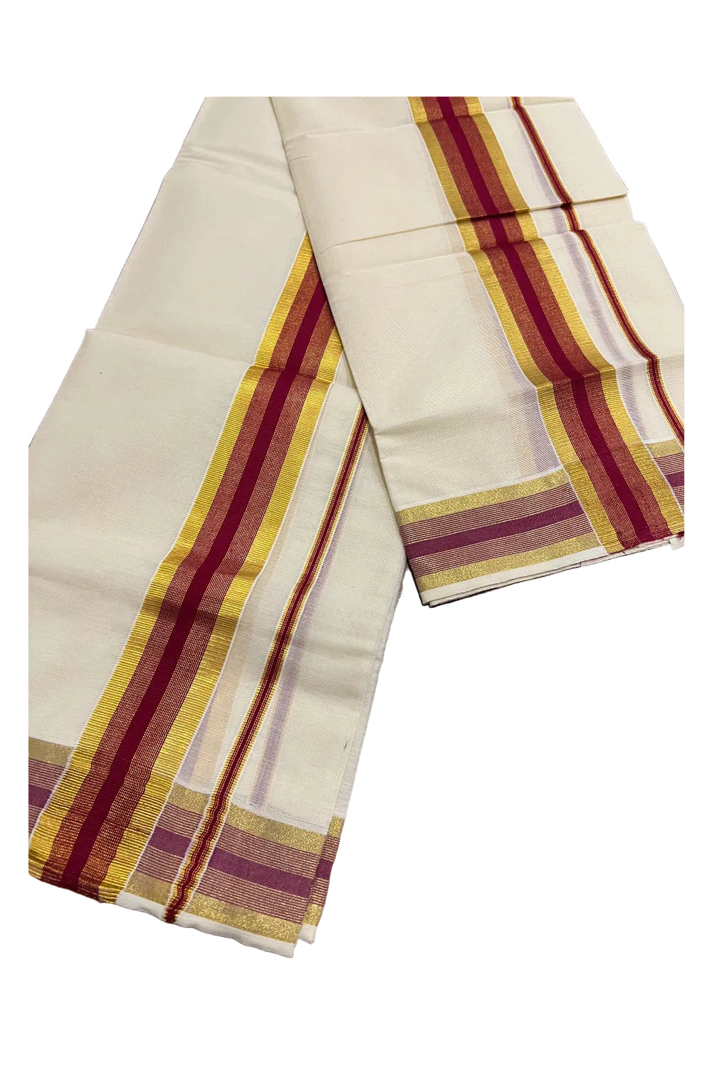 Southloom Kerala Cotton Mundum Neriyathum Single (Set Mundu) with Maroon and Kasavu Border 2.80 Mtrs SLKK
