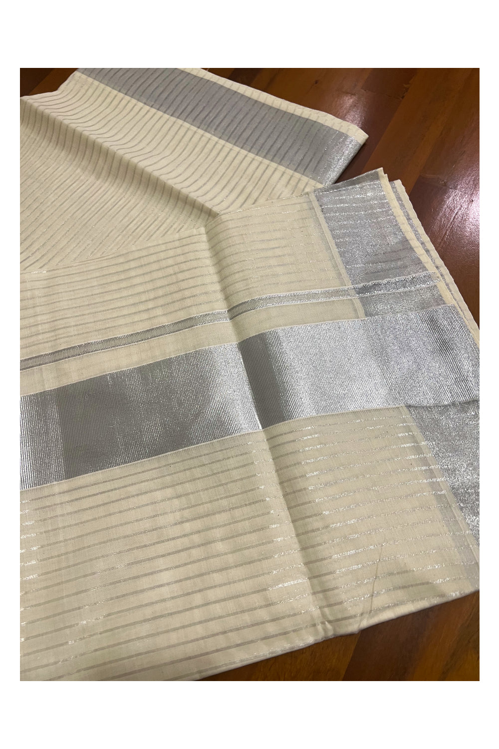 Pure Cotton Kerala Saree with Silver Lines Design on Body and Silver Border