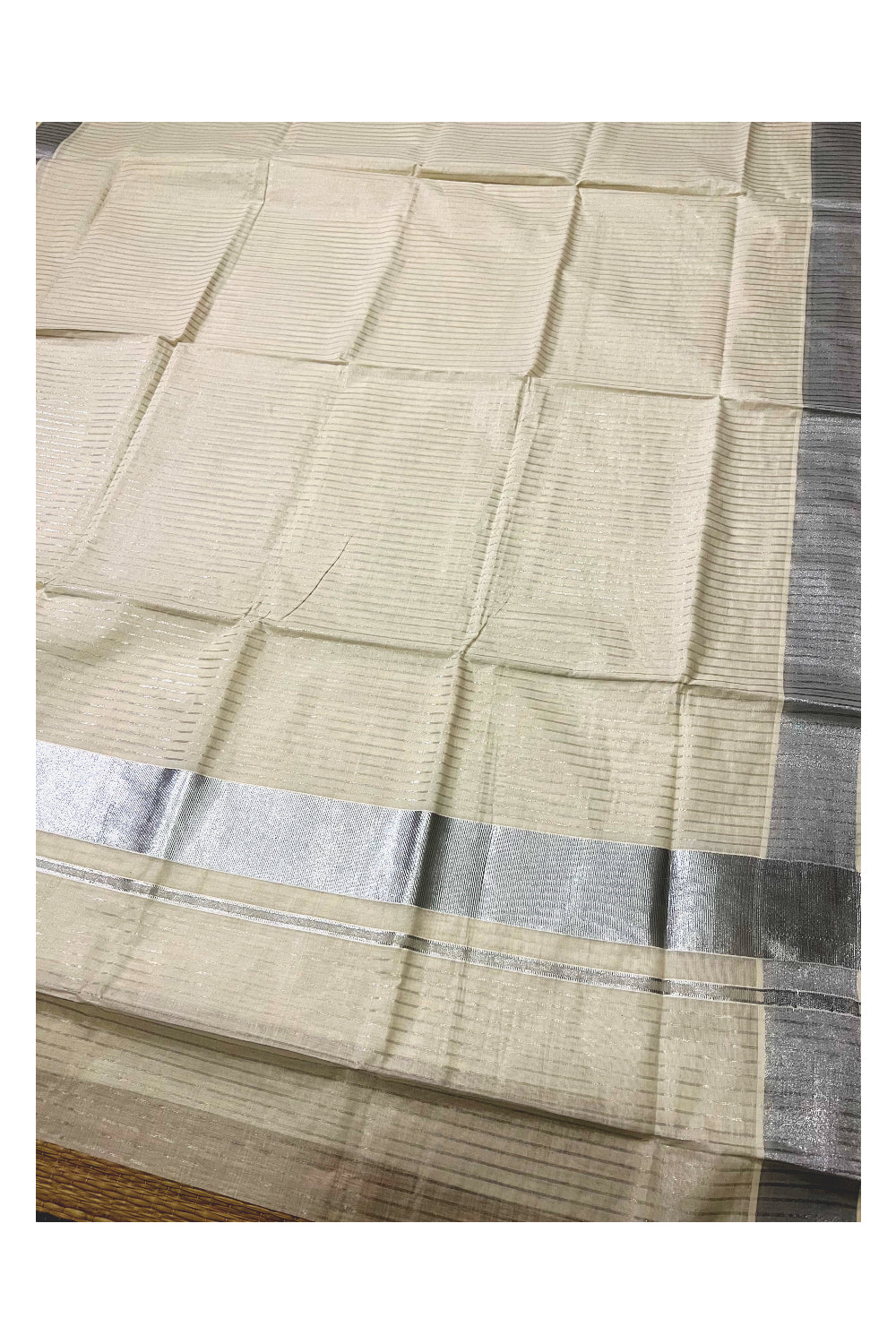 Pure Cotton Kerala Saree with Silver Lines Design on Body and Silver Border