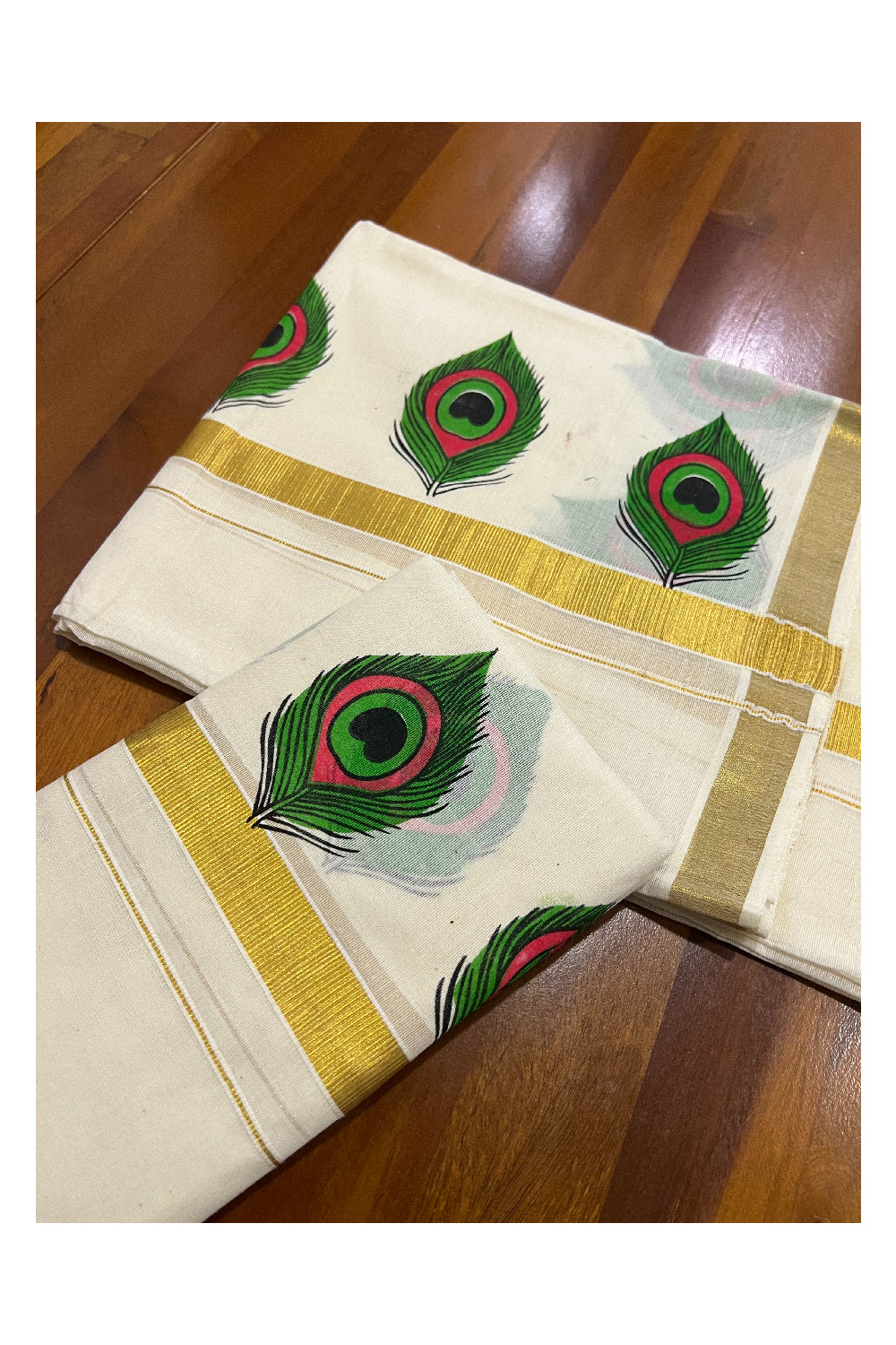 Cotton Kasavu Set Mundu (Mundum Neriyathum) with Mural Feather Prints on Border