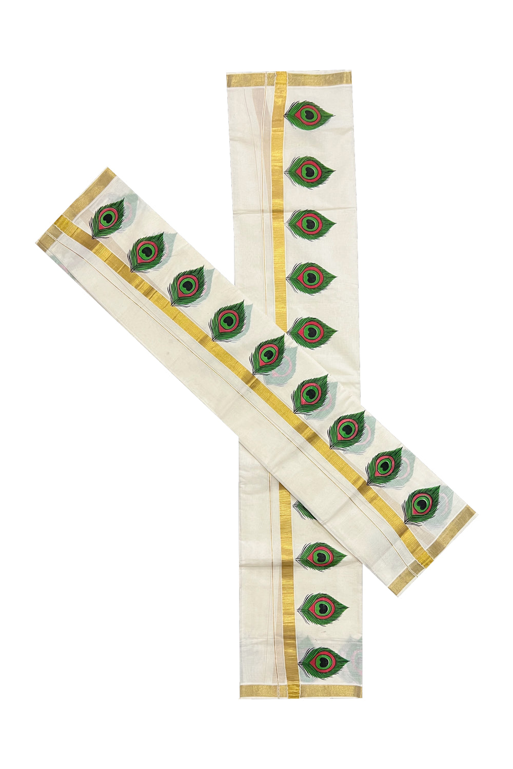 Cotton Kasavu Set Mundu (Mundum Neriyathum) with Mural Feather Prints on Border