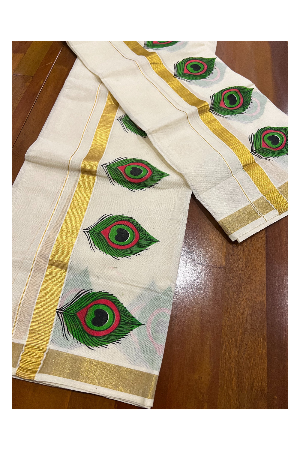 Cotton Kasavu Set Mundu (Mundum Neriyathum) with Mural Feather Prints on Border