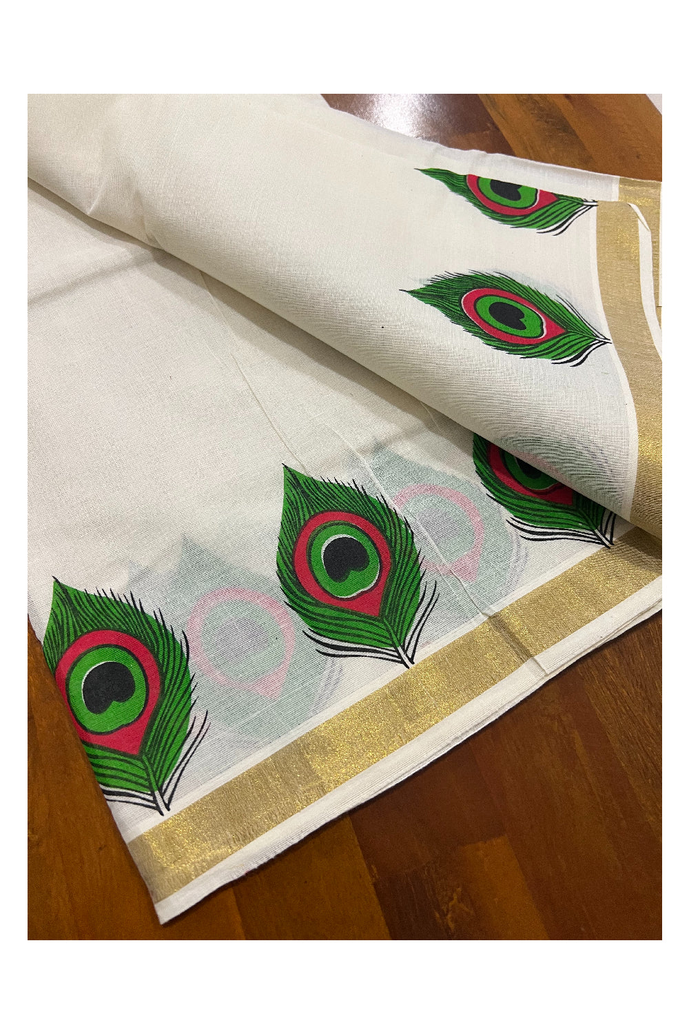 Cotton Kasavu Set Mundu (Mundum Neriyathum) with Mural Feather Prints on Border