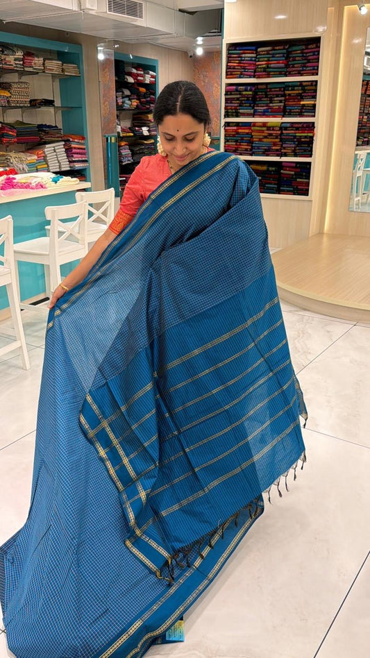 Blue Kalyani Cotton Check Saree SL236