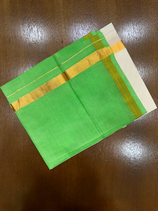 Southloom Tie & Dye - Half & Half  Multi Colour Light Green Design Cotton Kerala Double Mundu with Kasavu Border (South Indian Kerala Dhoti)